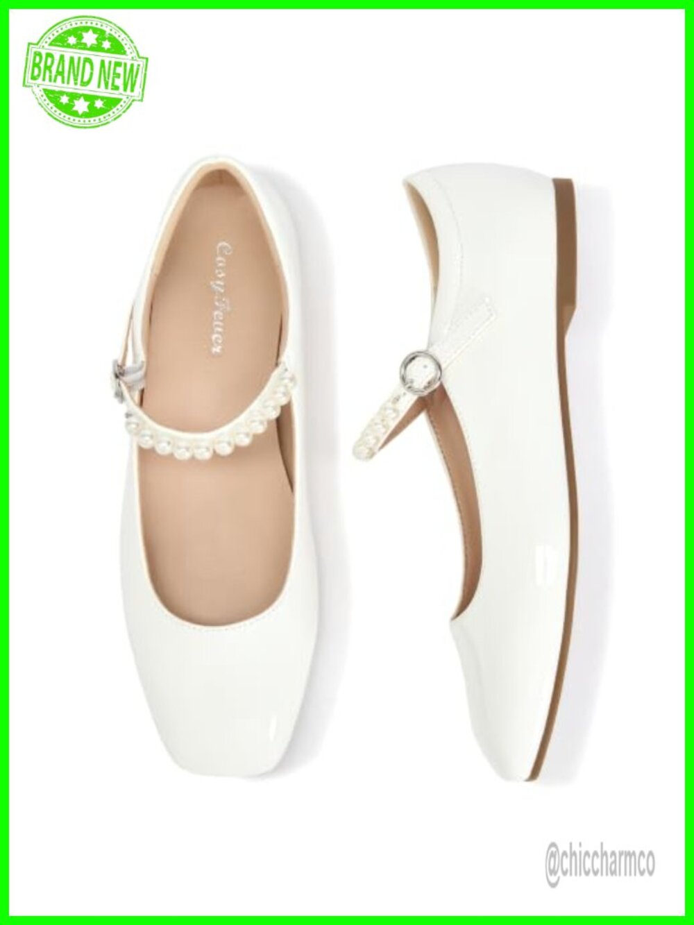 Pearl Strap Mary Jane Flats, Square Toe Wedding Guest Shoes, Comfortable